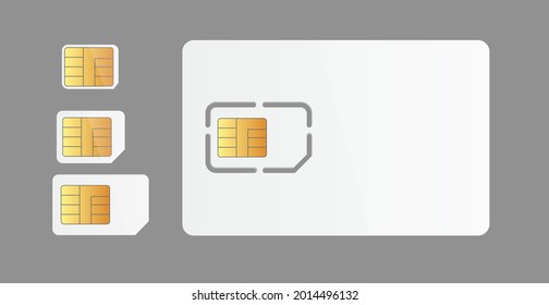 Realistic white simcards for mobile telephone smartphone collection with cellular gold micro chips for cellphone contact connection, wireless gsm technology. Phone sim card.