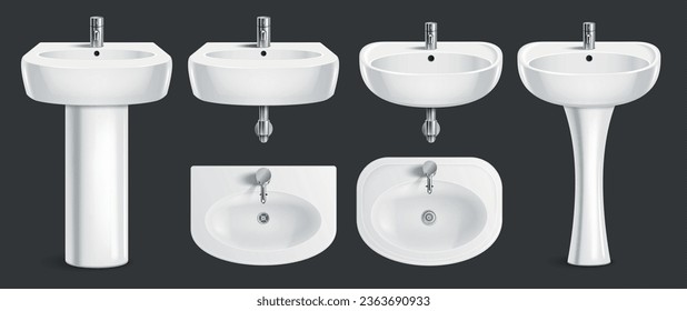 Realistic white sink set of isolated images with top and front views of sinks with faucets vector illustration