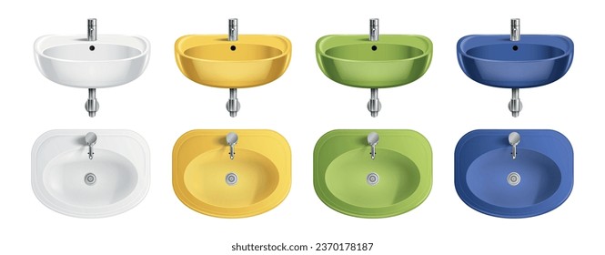 Realistic white sink set with isolated front and top views of yellow green and blue sinks vector illustration