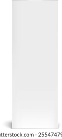 Realistic white slim rectangular cardboard box packaging mockup casting a soft shadow, positioned vertically against a clean white background, ideal for showcasing brand identity and product design