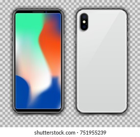 Realistic White Slim Smartphone Blurred Screen Isolated on Transparent. New Version. Front and Back View Display. High Detail Device Mockup Separate Groups and Layers. Easily Editable Vector EPS 10.