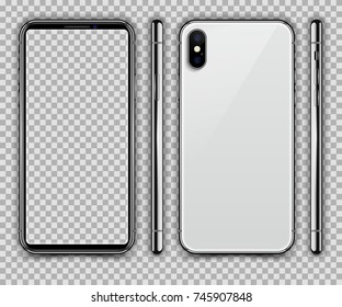 Realistic White Slim Smartphone isolated on Transparent Background. New Version. Front, Side and Back View Display. High Detail Device Mockup Separate Groups and Layers. Easily Editable Vector EPS 10.