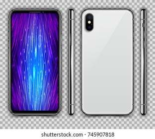 Realistic White Slim Smartphone Technology Screen Isolated. New Version. Front, Side and Back View Display. High Detail Device Mockup Separate Groups and Layers. Easily Editable Vector EPS 10.
