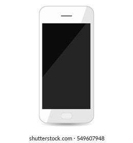 Realistic white smartphone with blank black screen isolated on white background, front view. Vector illustration.