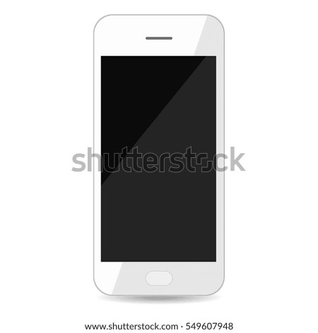 Realistic white smartphone with blank black screen isolated on white background, front view. Vector illustration.