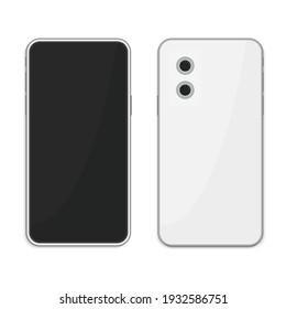 Smartphone blanco realista con pantalla en blanco, aislado en fondo blanco.  Teléfono móvil moderno Vista frontal y posterior. Diseño de simulación de dos tamaños para teléfonos inteligentes. Ilustración del vector EPS 10. 