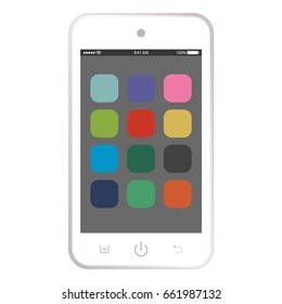 Realistic white smartphone with camera , menu buttons, clock, battery, and grey screen with menu vector eps10. Front view smartphone with menu on screen.
