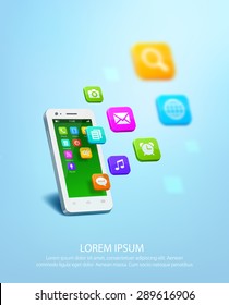 Realistic white smartphone with cloud of application colorful icons. Vector illustration