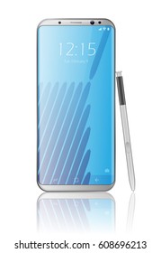 Realistic white smartphone with edge side style and with pen. Easy place image into screen phone with shiny layer. Vector illustration