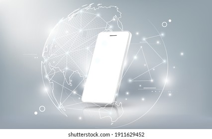 Realistic white smartphone mockup with futuristic technology hologram earth and global network or communication world concept, mobile phone abstract background, vector illustration