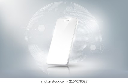 Realistic white smartphone mockup with futuristic technology hologram earth and global network or communication world concept, mobile phone abstract background, vector illustration