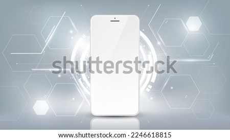 Realistic white smartphone mockup with futuristic technology concept, mobile phone abstract background, vector illustration