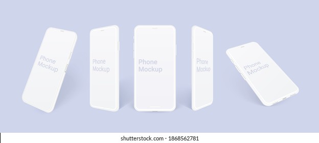 Realistic white smartphone mockup, isolated mobile phone template in different angles. 3d vector quality illustration mock up for presentation ux design or application.