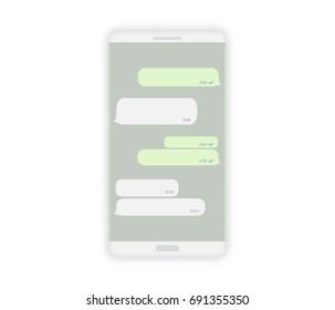 Realistic white smartphone mockup isolated on white, vector illustration. Message screen, open chat, empty bubbles. Social network communication template design.