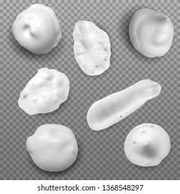 Realistic white smears foam, gel or cream isolated on transparent background. Set of vector objects different forms.