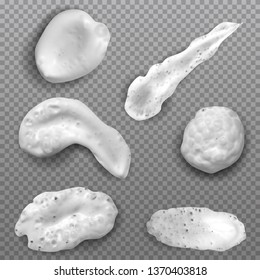 Realistic white smears foam, gel or cream isolated on transparent background. Set of vector objects different forms.