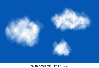  Realistische weiße Rauchwolke am blauen Himmel.  Dampfexplosion Spezialeffekt.  Vektorgrafik   Feuernebel oder Nebelgewebe .