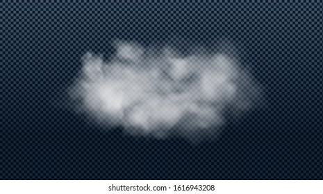 Realistic white smoke cloud isolated on transparent background. Fog, smog or cloudiness effect. Vector illustration.