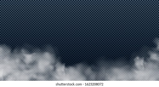 Realistic white smoke cloud isolated on transparent background. Fog, smog or cloudiness effect. Vector illustration.