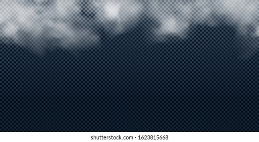 Realistic white smoke cloud isolated on transparent background. Fog, smog or cloudiness effect. Vector illustration.