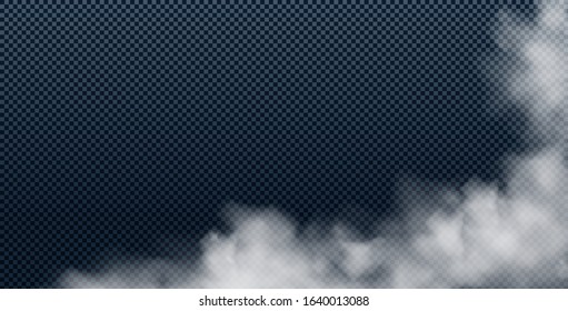 Realistic white smoke cloud isolated on transparent background. Fog, smog or cloudiness effect. Vector illustration.