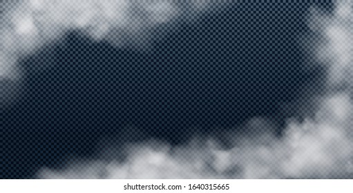 Realistic white smoke cloud isolated on transparent background. Fog, smog or cloudiness effect. Vector illustration.