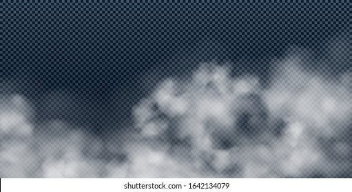 Realistic white smoke cloud isolated on transparent background. Fog, smog or cloudiness effect. Vector illustration.