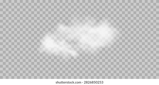 Realistic white smoke cloud isolated on a transparent background. Soft fog, mist, haze, and steam effects. White fog or smoke on a transparent background. Vector PNG image.