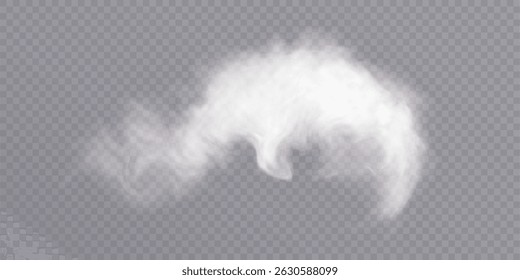 Realistic white smoke cloud on transparent background with swirling texture and soft edges. Isolated steam or fog element for fire effects, explosions, or atmospheric overlays.

