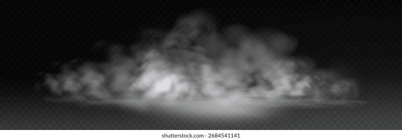 Realistic white smoke cloud on dark background with floor creeping fog texture.