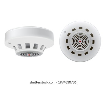 Realistic white smoke detector with red indicator vector illustration. Set alarm fire sensor front and side view isolated. Electronic emergency detection device for security with sound signal service