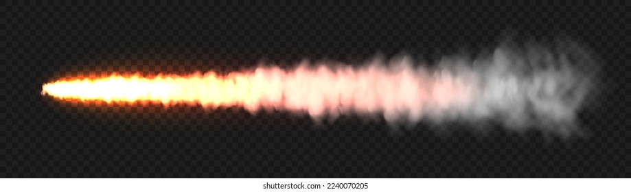 Humo blanco realista con fuego, pista de lanzamiento de cohetes espaciales. Incendio, explosión. Rastreo de misiles o balas. Pista de aviones Jet. Nubes de humo, niebla. Flujo de vapor. Ilustración del vector