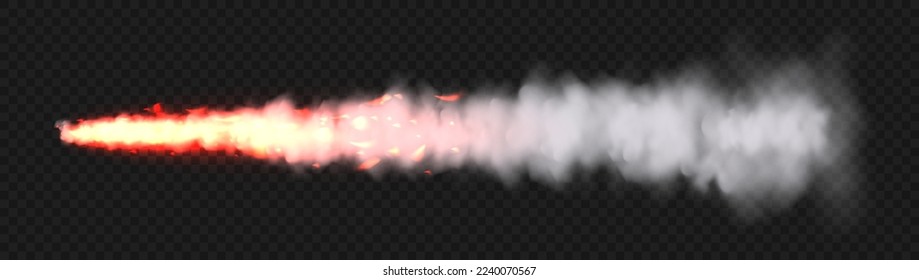Realistic white smoke with fire, space rocket launch trail. Fire burst, explosion. Missile or bullet trace. Jet aircraft track. Smoke clouds, fog. Steam flow. Vector illustration