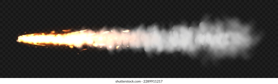 Realistic white smoke with fire, space rocket launch trail. Fire burst, explosion. Missile or bullet trace. Jet aircraft track. Smoke clouds, fog. Steam flow. Vector illustration