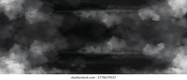 Realistic white smoke or fog clouds isolated on a black background. Atmospheric misty effect for spooky, cinematic, or mysterious creative designs