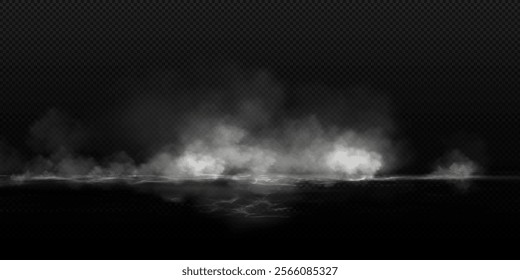 Realistic white smoke or fog overlay effect, fire steam texture, sky cloud, weather element, nature air, explosion wave pattern, cigarette or chimney vapor, mist, smog and fume art on black background