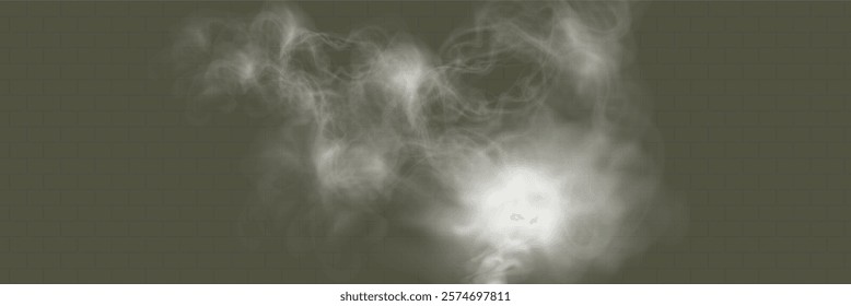 Realistic white smoke or mist effect with soft, swirling patterns on a transparent background. Perfect for overlays and atmospheric designs.