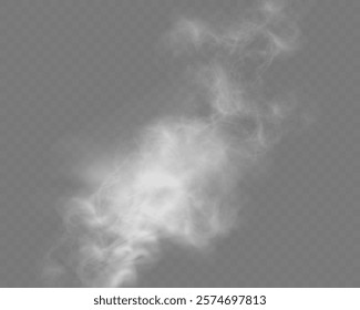 Realistic white smoke or mist effect with soft, swirling patterns on a transparent background. Perfect for overlays and atmospheric designs.