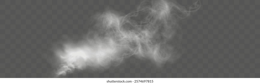 Realistic white smoke or mist effect with soft, swirling patterns on a transparent background. Perfect for overlays and atmospheric designs.