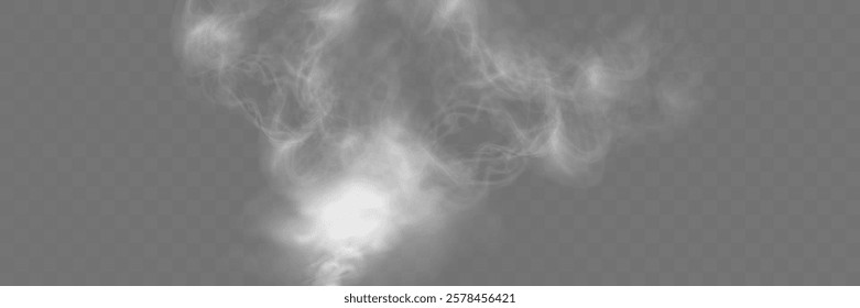 Realistic white smoke or mist effect with soft, swirling patterns on a transparent background. Perfect for overlays and atmospheric designs.	