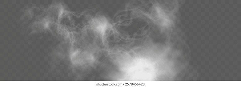 Realistic white smoke or mist effect with soft, swirling patterns on a transparent background. Perfect for overlays and atmospheric designs.	