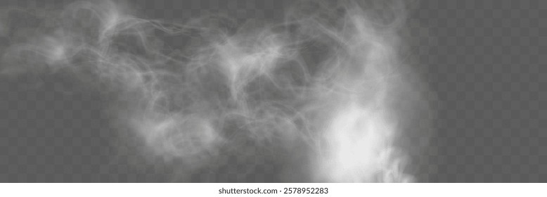 Realistic white smoke or mist effect with soft, swirling patterns on a transparent background. Perfect for overlays and atmospheric designs.