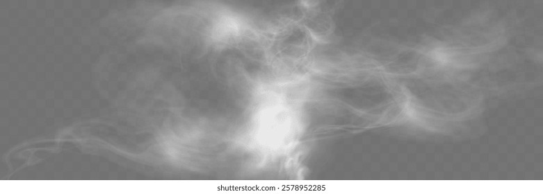 Realistic white smoke or mist effect with soft, swirling patterns on a transparent background. Perfect for overlays and atmospheric designs.