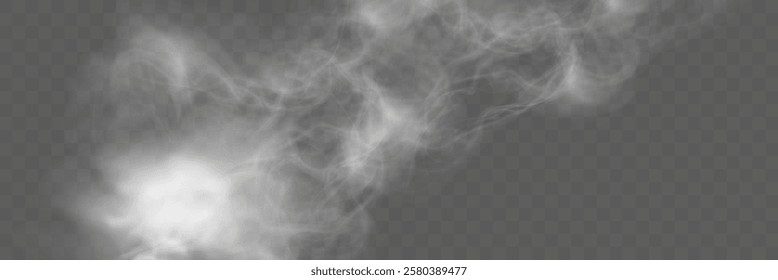 Realistic white smoke or mist effect with soft, swirling patterns on a transparent background. Perfect for overlays and atmospheric designs.