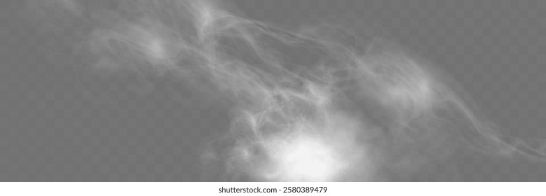 Realistic white smoke or mist effect with soft, swirling patterns on a transparent background. Perfect for overlays and atmospheric designs.