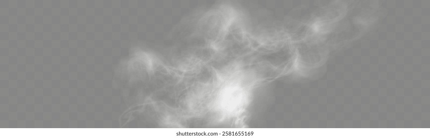 Realistic white smoke or mist effect with soft, swirling patterns on a transparent background. Perfect for overlays and atmospheric designs.