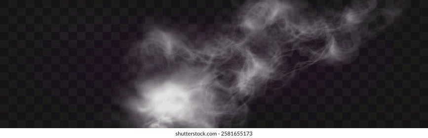 Realistic white smoke or mist effect with soft, swirling patterns on a transparent background. Perfect for overlays and atmospheric designs.