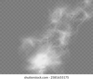 Realistic white smoke or mist effect with soft, swirling patterns on a transparent background. Perfect for overlays and atmospheric designs.