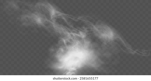 Realistic white smoke or mist effect with soft, swirling patterns on a transparent background. Perfect for overlays and atmospheric designs.