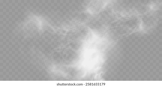 Realistic white smoke or mist effect with soft, swirling patterns on a transparent background. Perfect for overlays and atmospheric designs.